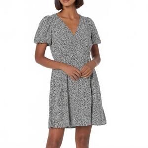 Madewell Floral Faux Wrap Mini Dress Women sz 16 Black White Viscose Puff Sleeve
